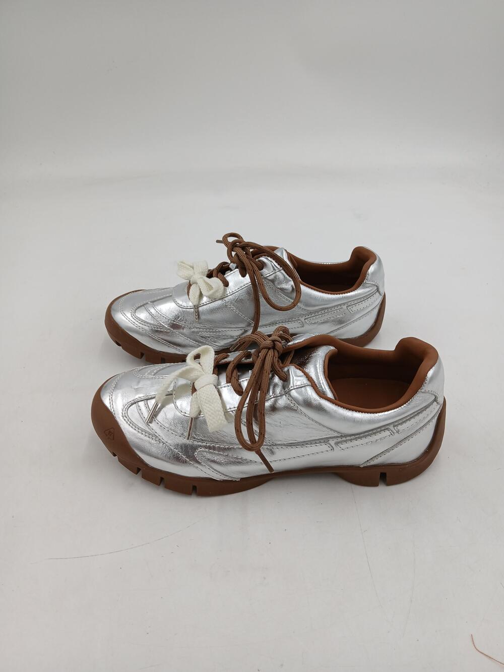 Metallic Silver Athletic Shoes Womens Size 6.5 Lace Up Low Top Sneakers